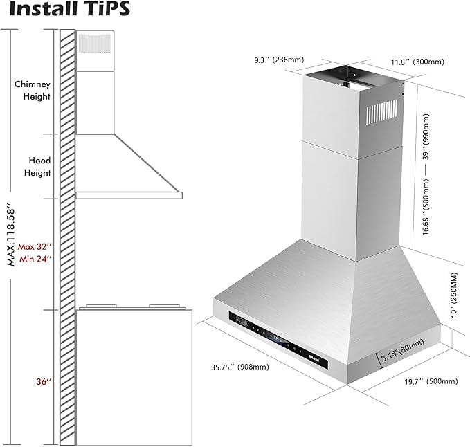Wall Mount Range Hood 36 inch，900 CFM Kitchen Hood with Voice/Gesture/Touch Control，Vent Hood in Stainless Steel With Ducted/Ductless Convertible, 4 Speed Exhaust Fan
