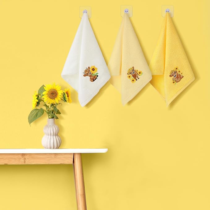3 Pcs Sunflower Highland Cow Hand Towels Bathroom Kitchen Decor | Embroidered - Image 3