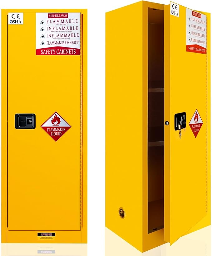 Flammable Safety Cabinet 23" x 18" x 65" Yellow, Cold-Rolled Steel 50 Gallon Explosion Proof Cabinet, 2 Adjustable Shelves & Vent Design for Commercial Garages, Lab & Industrial Facilities