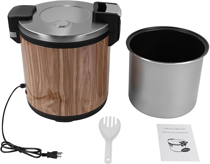 6-Gal Electric Rice Warmer | Two Temperature Settings | 110V 110W Commercial Food Warmer with Flip Lid & Rice Spoon for Parties, Festival Banquets, Catering (Wood Grain/American plug 110V)