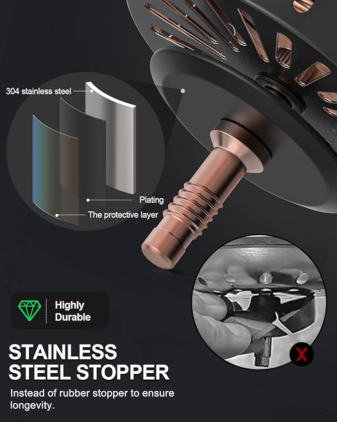BOTEMY B9171 Copper Kitchen Sink Drain Kit 3 1/2 Sink Strainer for Kitchen Sink with Stainless Steel Strainer Stopper Drain Assembly Basket Strainer Fit Standard Sink Drain Hole(Antique Copper)