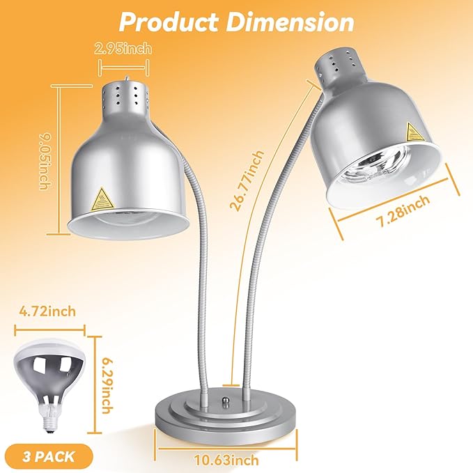 Food Heat Lamp,500W Commercial Food Warmer Lamp,Adjustable Food Warming Light with 3 Bulbs,2 Head Catering Heating Lamp for Kitchen Cafeteria Restaurant Buffet Parties