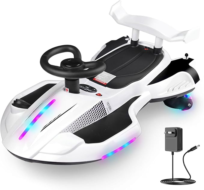 12V Electric Wiggle Car Ride On Toy, Swing Car with Pedal, for Kids from Ages 3 and Up, Birthday Gifts for Boys and Girls, Anti-Rollover, Flashing Wheels, Bluetooth (Black+White)