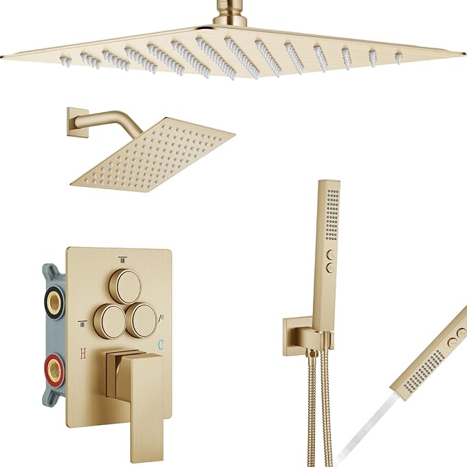 Aolemi Shower Faucet Set Ceiling Mount Shower System Rough-in Valve and Shower Trim Kit 2 in 1 Handheld Spray Push Button Diverter 16 and 6 Inch Dual Shower Head Brushed Gold