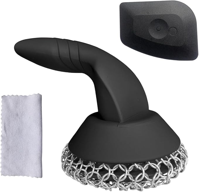 Cast Iron Scrubber with Pan Scraper & Towl, 316 Chainmail Scrubber with Long Handle, Upgraded Chain Mail Scrubber Cleaner for Grill Pan Skillet Wok Carbon Steel Dutch Oven Metal Brush (Black)