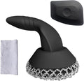 Cast Iron Scrubber with Pan Scraper & Towl, 316 Chainmail Scrubber with Long Handle, Upgraded Chain Mail Scrubber Cleaner for Grill Pan Skillet Wok Carbon Steel Dutch Oven Metal Brush (Black)