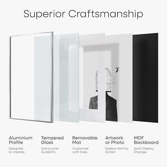 Homeforia 14x24 Picture Frame Silver, High End Metal 14x24 Frames with Mat 11x22 for Photo, 14 x 24 Silver Poster Frame Matted to 11 x 22 Print, 24x14 Hanging Frame, Tempered Glass, Wall Kit, Set of 1