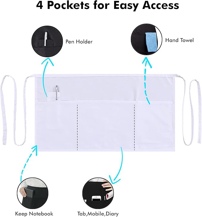 Dreamology Waitress Apron with Pockets, Short Aprons with Pockets,Waist Aprons, Server Aprons with 3 Pockets, Gardening, Cooking & Waiter aprons,Server apron Short | Long Strap - White Apron (3 Pack)