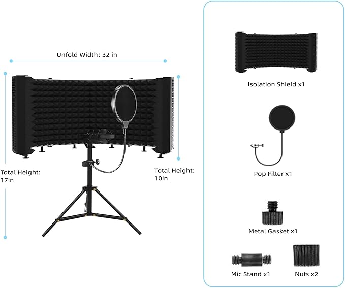 Microphone Isolation Shield – Foldable & Adjustable Soundproof Panel for Recording, Podcasting, Vocal Booth, Studio & Home Use (Six-sided low stand)