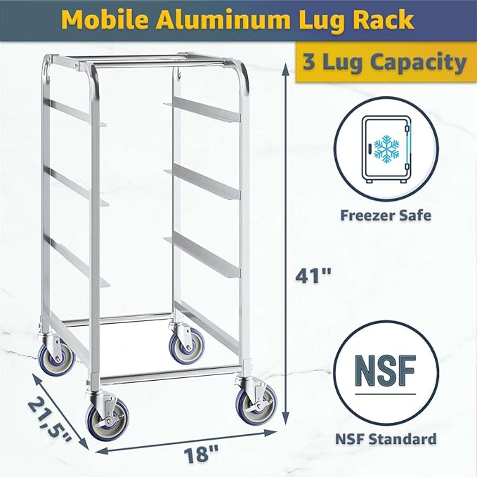 18"x21.5"x41" Mobile Aluminum Lug Rack - 3 Lug Capacity, NSF Commercial Portable Cart with 5" Swivel Casters and Brakes, Heavy-Duty 460 lb Capacity Storage Rack, Freezer Safe, Utility Dolly