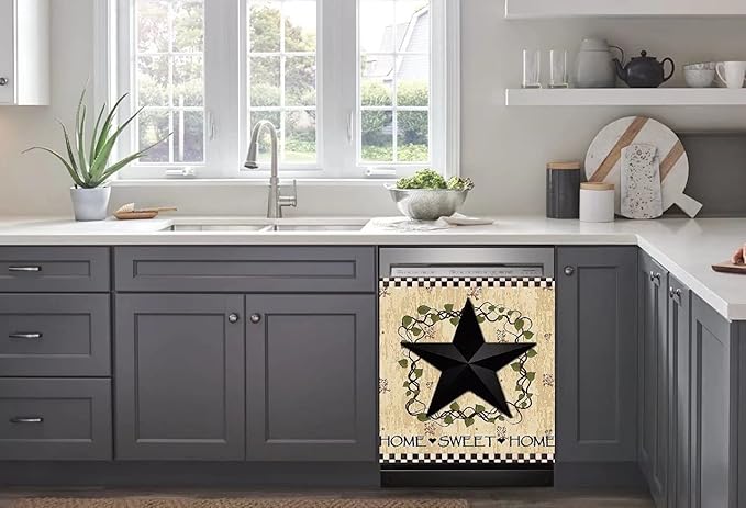 Black Prim Barn Star and Wreath Dishwasher Cover Decorative Magnet for Dishwasher Door