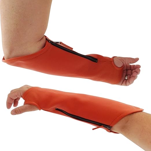 Arm Chaps Extended Elbow Leather Arm Guard - Arm Sleeve Protectors for Thin Skin and Bruising, Scratches & Cuts - Protective Arm Sleeve for Any Age- Left & Right Form-Fitting - Orange(1Pair/X-Large).