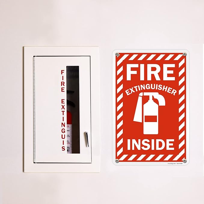 SmartSign 18 x 12 inch “Fire Extinguisher Inside” Metal Sign with Pre-cleared Holes, 63 mil Laminated Rustproof Aluminum, Red and white, Made in USA