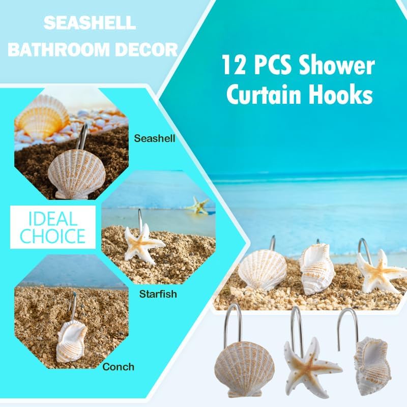 Seashell Shower Curtain Hooks 12pcs Beach Shower Curtain Rings Bath Shower - Image 2