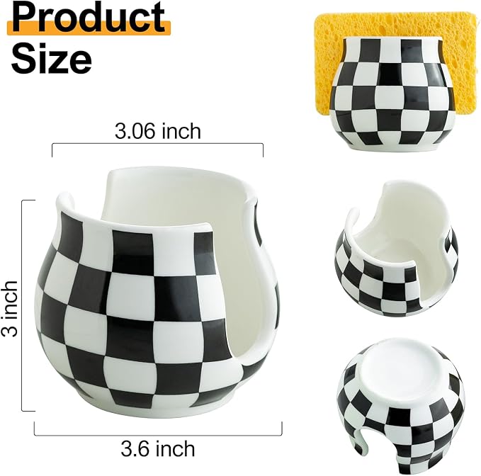 Zoeeker Sponge Holder for Kitchen Sink, Ceramic Checkered Sponge Organizer - Image 2