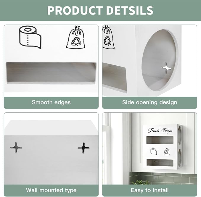 2 in 1 Trash Bag Dispenser, Double Wall Mounted, Wood Trash Bag Holder - Image 3