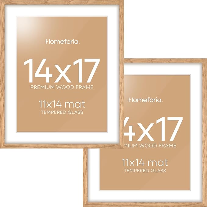 Homeforia 14x17 Picture Frame Wood, High End Natural Oak 14x17 Light Wooden Poster Frame with Mat 11x14, 14 x 17 Frames Matted to 11 x 14 Photo, 17x14 Hanging Frame, Tempered Glass, Wall Kit, Set of 2