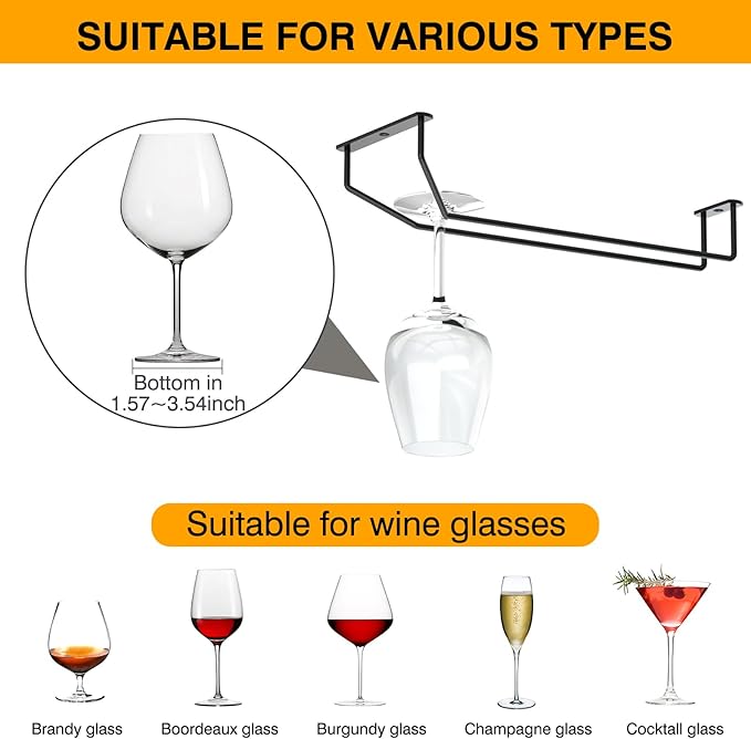 14-Inch Under Cabinet Wine Glass Holder - Metal Stemware Rack, Single Rail Hanging Rack for Kitchen Bar - Set of 3