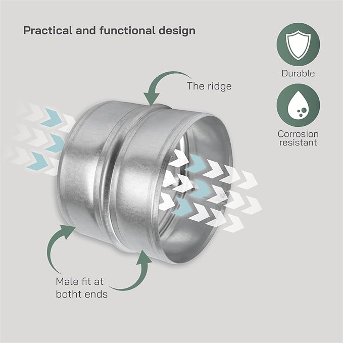 Vent Systems 5'' Inch Galvanized Steel Duct Connector - Round Ventilation Duct Extension - Metal Vent Coupler - Metal Hose Coupling - Galvanised Pipe Connector