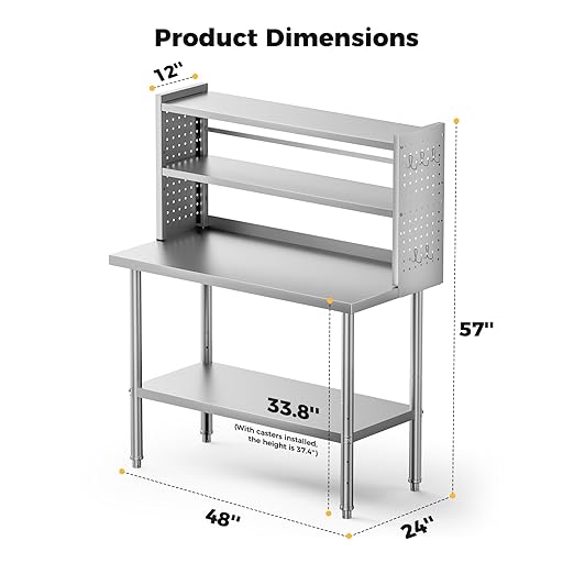 48x24 in NSF All Stainless Steel Table with Adjustable Shelf & Pegboard Panels & Casters, Kitchen Prep Table Commercial Heavy-Duty Worktable with Large Space Storage for Restaurant Garages