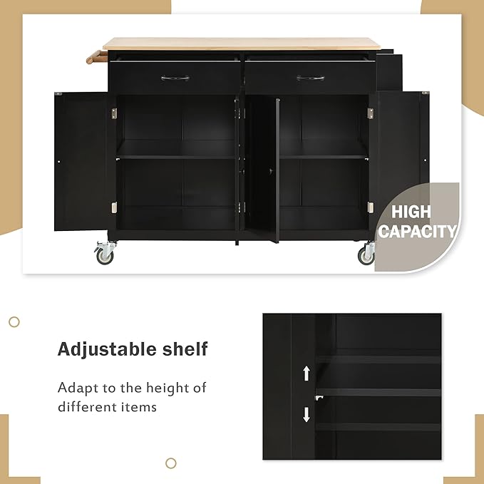 Favfurish Kitchen Island Cart on Locking Wheels with 4 Cabinet and 2 Drawers, Rolling Coffee Bar Trolley w/Solid Wood Tabletop, Adjustable Shelves, Spice & Towel Side Rack, for Dining Room, Black