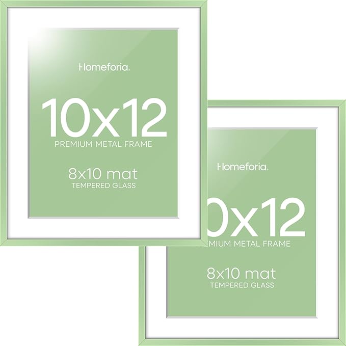 Homeforia 10x12 Picture Frame Sage Green, High End Metal 10x12 Wall Hanging Frame with Mat 8x10, 10 x 12 Poster Frame Matted to 8 x 10 inch Photo, 10by12 Thin Frame, Tempered Glass, Wall Kit, Set of 2