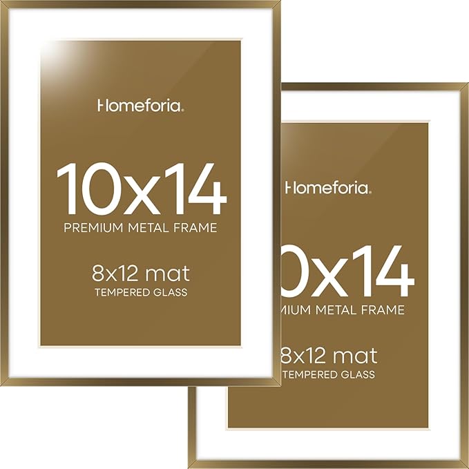 Homeforia 10x14 Bronze Picture Frame, High End Metal 10x14 Brass Frame with Mat 8x12, 10 x 14 Poster Frames Matted to 8 x 12 inch Photo, 10 by 14 Bronze Thin Frames, Tempered Glass, Wall Kit, Set of 2