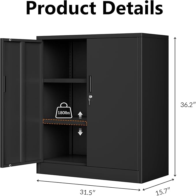 CJF Metal Storage Cabinet, 36" H Locking Storage Cabinet with Shelves and Doors, Metal Cabinets for Home Office, Garage, Utility Room and Basement (Black)