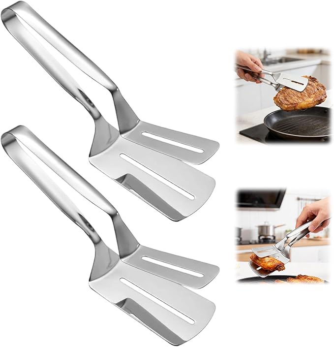 2PCS Stainless Steel Grill Clamp, Anti-Scald Extended Handle Spatula Tong, Steel Double-Sided Shovel Clip For Grilling Meat, Fish And Pancakes (A)