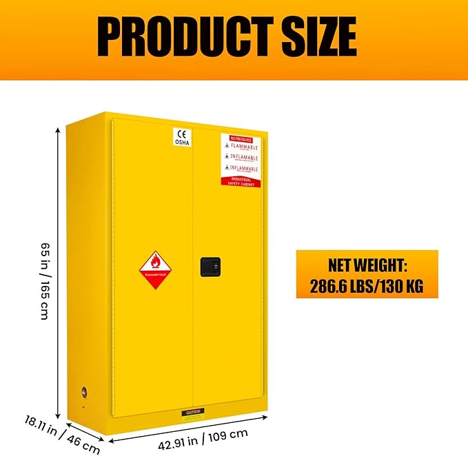 Flammable Storage Cabinet 70 Gallon Yellow, Galvanized Steel Large-Capacity Fire Resistant Cabinet, Dual Vents & 3-Point Lock for Warehouses, Industrial Use & Residential Garages