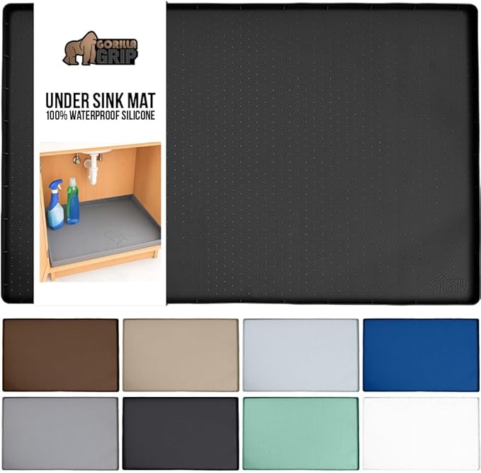 GORILLA GRIP Waterproof Silicone Under Sink Mat with Raised Lip for Kitchen and Bathroom, 31 x 22 in, Cabinet Shelf Liner Stay in Place Mats Dishwasher Safe Drawer Liner, Organizer Tray, Black