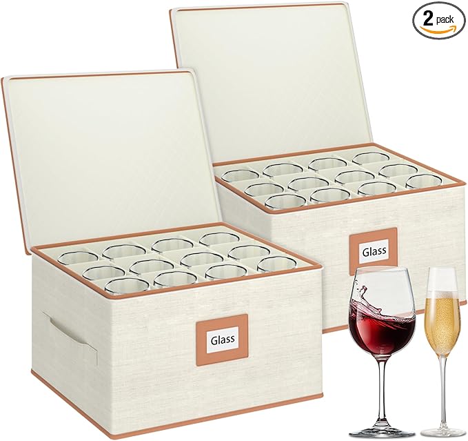 Aokeyee 2-Pack Wine Glass Storage Box with Dividers, Hard Shell Stemware Case Holds 24 Crystal Glasses & Drinkware, for Moving & Protection, Ivory