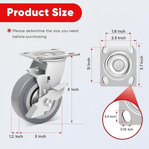 TONKI 5" Heavy Duty Quiet Caster Wheels Set (4-Pack) - 2 Locking Swivel + 2 Rigid Casters, 500LB Capacity Each, TPR Silent Tread & Steel Core, Includes M8 Hex Bolts/Nuts