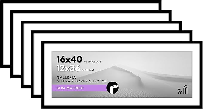 Americanflat 16x40 Picture Frame with Polished Plexiglass - Set of 5 - Use as 12x36 Frame with Mat or Display 16x40 Photo Without Mat - Galleria Collection - Picture Frames for Wall Display - Black
