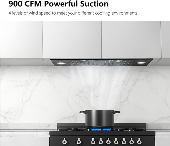 IKTCH 36 inch Black Built-in/Insert Range Hood, 900 CFM Ducted/Ductless Stainless Steel Kitchen Vent Hood with 4 Speed Gesture Sensing&Touch Control Panel(IKB01-36-BSS)