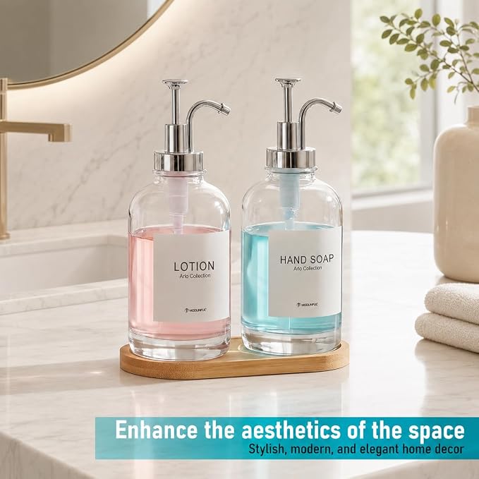 Glass Soap Dispenser Set 2, Silicone Funnel, Refillable Kitchen Soap Dispenser - Image 2