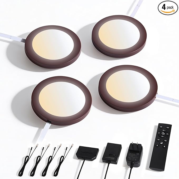 V4light Smart Plug-in LED Puck Lights Brown, Ultra-Thin Under Cabinet Lighting for Kitchen, Closet & Shelf, App, Voice & Hand Control, Compatible with Alexa & Google Home, Dimmable Warm to Cool White