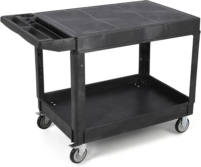 Large Heavy Duty Plastic Utility Service Cart Flat top 45.8 x 25 Inch, Work Cart Flat Shelves Holds up to 550 lbs - 2 Tier Service Cart with 360°Swivel Wheels (2 with Brakes) Black