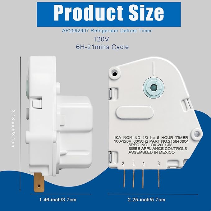 AP2592907 Refrigerators Defrost Timer for Frigidaire,120V 6 Hour 21 Minutes 215846604 Timer Fits Fridge and Freezers by Ketofa