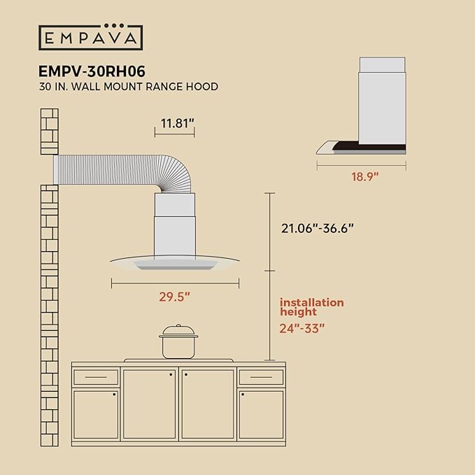 Empava Wall Mount Range Hood 30 Inch, Ducted/Ductless Kitchen Exhaust Stove Vent with Modern Style, 400CFM, 3-Speed, Touch Control, Timer, LED Lights, Stainless Steel (Charcoal-Filter Sold Separately)