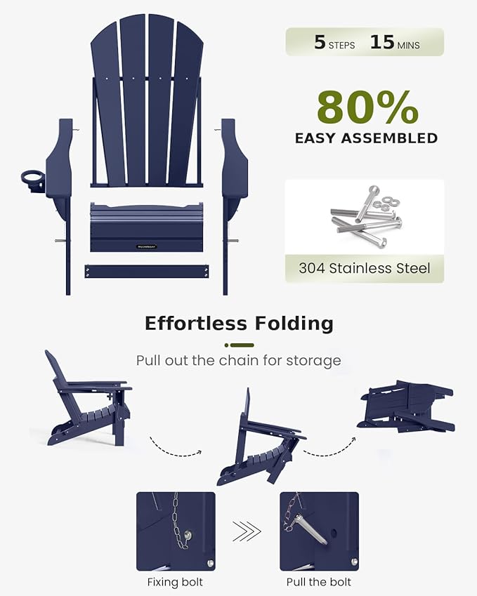 MUCHENGHY Folding Adirondack Chairs Set of 4, Patio & Outdoor Chairs, Plastic Weather Resistant with Cup Holder for Deck, Backyard, Garden (Dark Navy Blue)