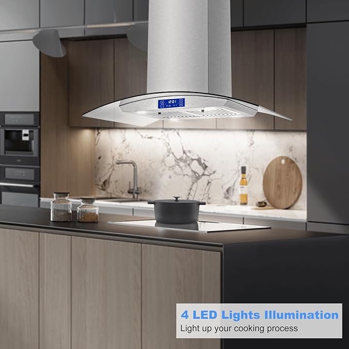 Island Range Hood 30 Inch 700 CFM Gesture & Touch Control Ceiling Mount Stainless Steel Kitchen Vent Hood, Kitchen Exhaust Hood, Ducted/Ductless Convertible 3-speed Ventilation Fan Switchable
