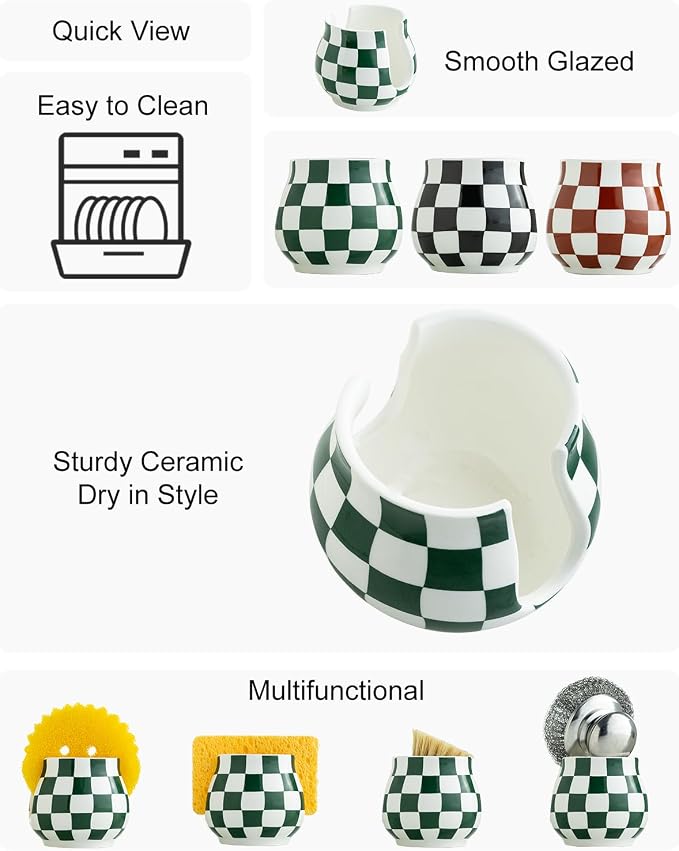 Zoeeker Kitchen Sponge Holder for Sink, Ceramic Checkered Sponge Organizer - Image 3