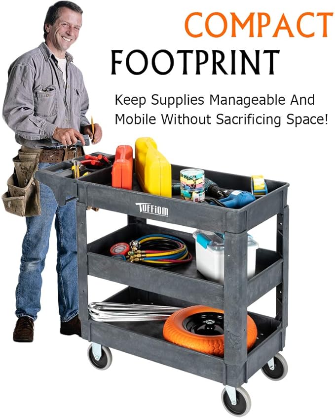 TUFFIOM Plastic Service Utility Cart with Wheels, 550lbs Capacity, Heavy Duty Tub W/Deep Shelves, Multipurpose Rolling 3-Tier Mobile Storage Organizer, for Warehouse Garage Industrial Cart