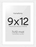 Homeforia 9x12 Frame White Wood, High End Oak 9 x 12 Picture Frames with Mat 7 by 10 Photo, 9by12 White Wooden Frame Matted to 7x10 Print, Wall or Tabletop Frames, Tempered Glass, Wall Kit, Set of 1