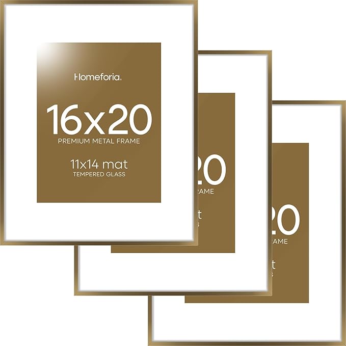 Homeforia Picture 16x20 Bronze Frame, High End Metal 16x20 Brass Poster Frames with Mat 11x14 for Photo, 16 x 20 Frame Matted to 11 by 14 Print, 20x16 Hanging Frames, Tempered Glass, Wall Kit, Set of 3