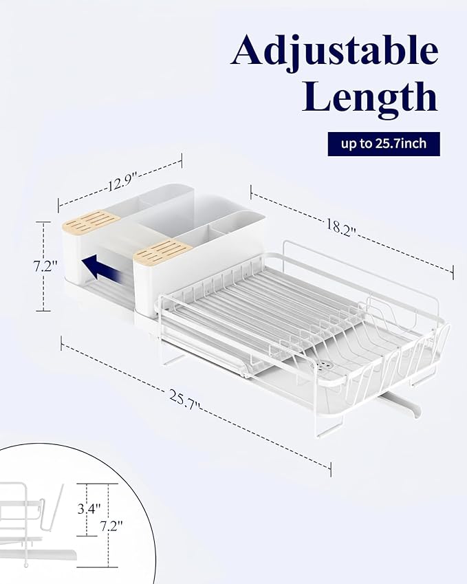 Kitsure Extendable Large Dish Drying Rack, 18.2"-25.7" L x 12.9" W, Cup Holders - Image 2