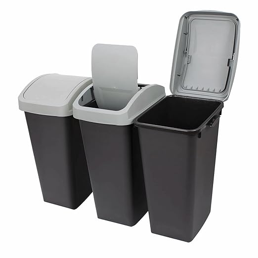 Recycling Bin System, 3-Pack 12 Gallon Containers with Swing Top Lids, Black and White, Odor Protection, Trash Sorting Station with Labels