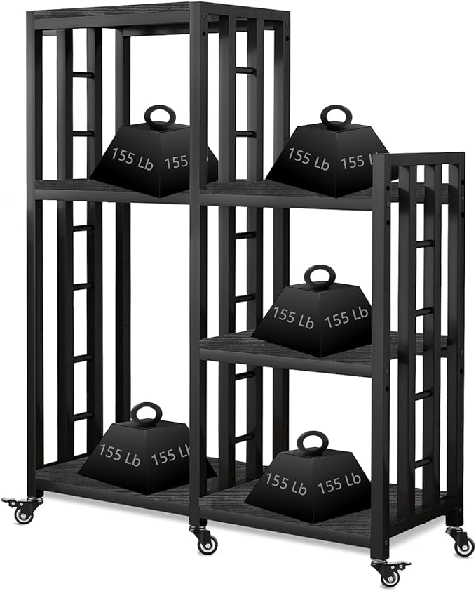 6-Tier Kitchen Bakers Rack, Multifunctional Storage Shelf, Mini Fridge & Microwave Oven Stand Table, Coffee Bar, Adjustable Kitchen Shelves Freestadning (Charcoal Black Wood Grain Print with wheels)