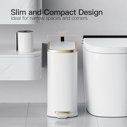 CEROELDA Small Bathroom Trash Can with Lid Soft Close-10L/2.6 Gal Slim Garbage Can-Metal Step Wastebasket-Rectangle Narrow Waste Bin for Office, Bedroom, Toilet, Live Room (White)
